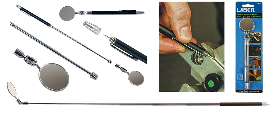 All-in-one telescopic inspection mirror, magnetic pick-up tool and scriber