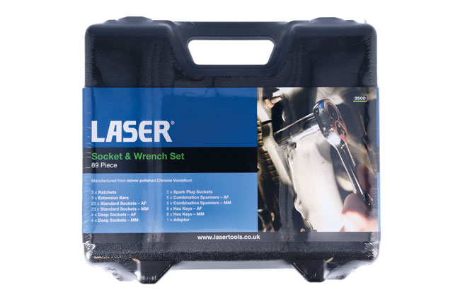 Laser Tools 3500 Socket and Spanner Set AF/Metric 1/4"D, 3/8"D, 1/2"D 89pc