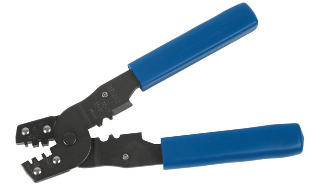 Crimping and wire cutting tool
