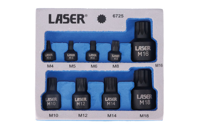 Laser Tools 6725 Low Profile Spline Socket Bit Set 1/4"D, 3/8"D, 1/2"D 9pc