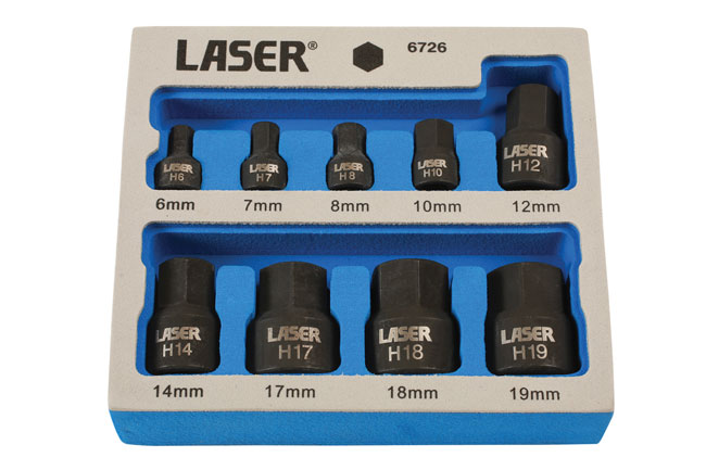 Laser Tools 6726 Low Profile Impact Hex Socket Bit Set 1/4"D, 3/8"D 9pc