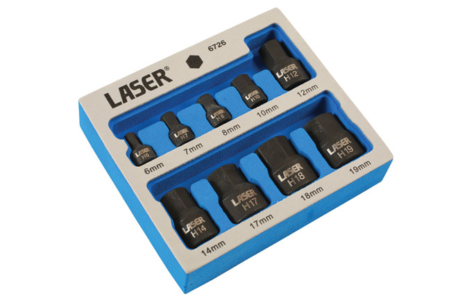 Laser Tools 6726 Low Profile Impact Hex Socket Bit Set 1/4"D, 3/8"D 9pc