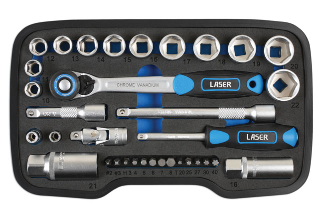 Laser Tools 6918 Socket Set 3/8"D, 1/4"D 34pc