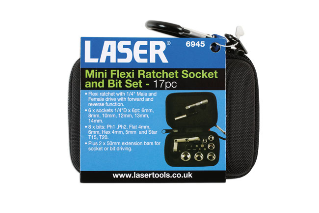 Laser Tools 6945 Mini Flexi Ratchet Socket and Bit Set 17pc