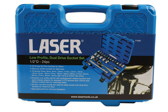 Laser Tools 7103 Low Profile Dual Drive Socket Set 1/2"D 24pc