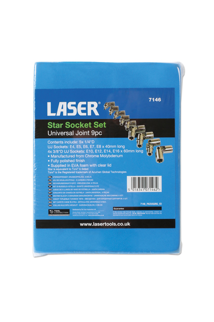 Laser Tools 7146 Universal Joint Star Socket Set 1/4"D, 3/8"D 9pc