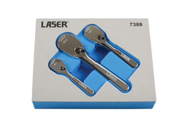 Laser Tools 7388 Stubby Ratchet Set 1/4"D, 3/8"D, 1/2"D 3pc