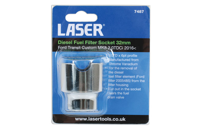 Laser Tools 7487 Diesel Fuel Filter Socket 1/2"D 32mm
