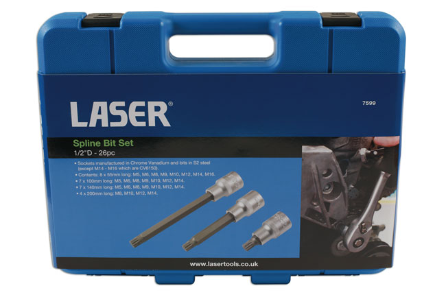 Laser Tools 7599 Spline Socket Bit Set 1/2"D 26pc