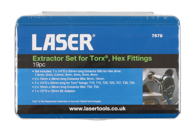 Laser Tools 7678 Extractor Set for Torx® Hex Fittings 19pc
