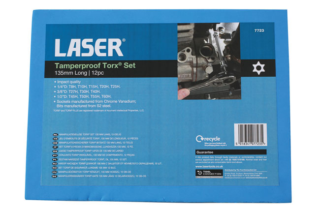 Laser Tools 7723 Long Tamperproof Torx® Socket Bit Set 1/4"D, 3/8"D, 1/2"D