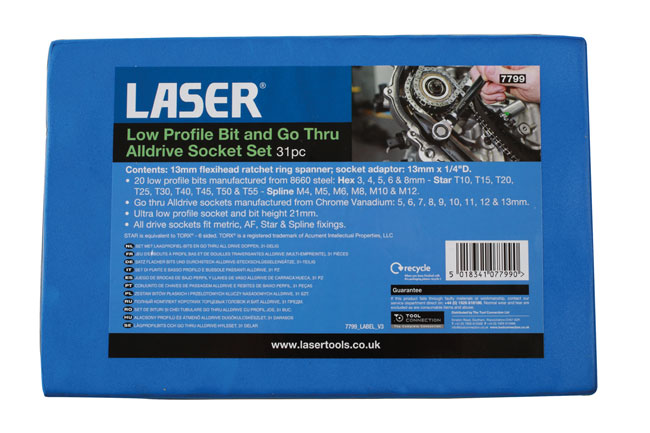 Laser Tools 7799 Low Profile Bit & Alldrive Go Thru Socket Set 31pc
