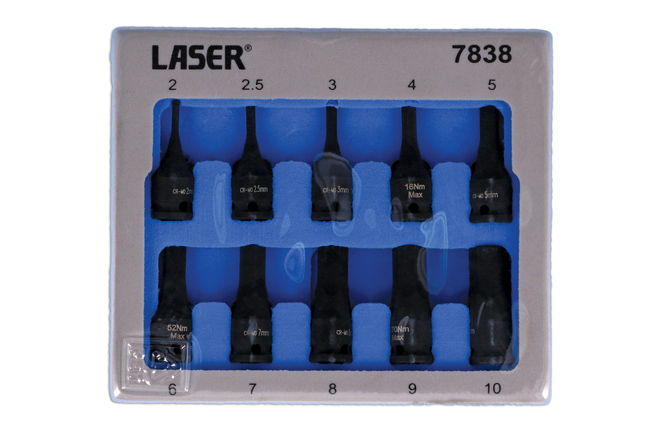 Laser Tools 7838 Impact Hex Socket Bit Set 1/4"D 10pc