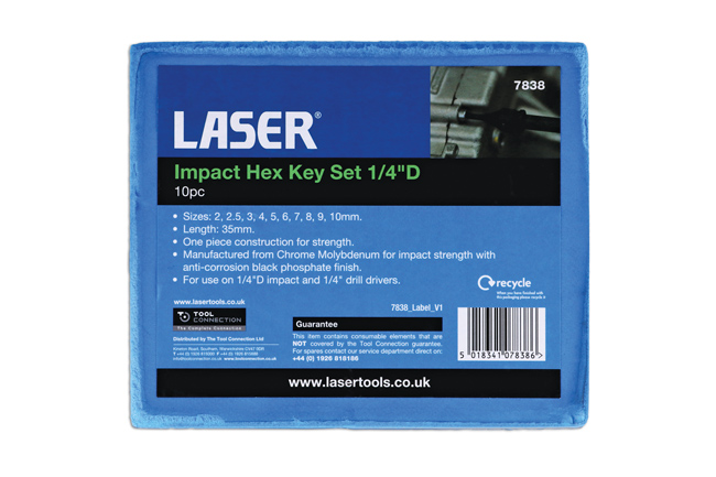 Laser Tools 7838 Impact Hex Socket Bit Set 1/4"D 10pc