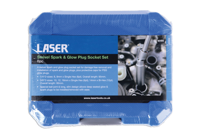 Laser Tools 8066 Swivel Spark & Glow Plug Socket Set 1/4"D, 3/8"D 6pc