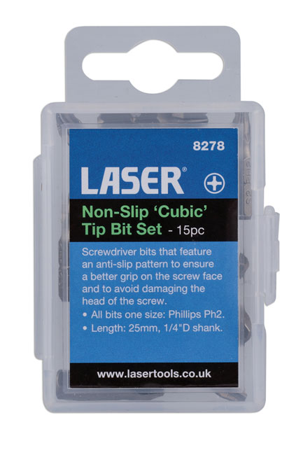 Laser Tools 8278 Non-Slip 'Cubic' Tip Bit Set Ph2 15pc