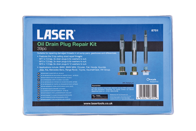 Laser Tools 8701 Oil Drain Plug Repair Kit 39pc