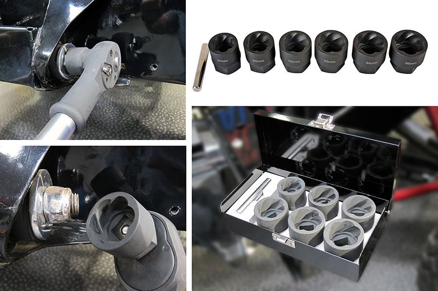 Stubborn damaged or rounded-off nuts or bolts are no problem with this HGV-sized, ¾" drive set of damaged nut remover sockets