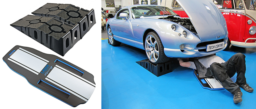 New heavy duty plastic car ramps and versatile under car body board 