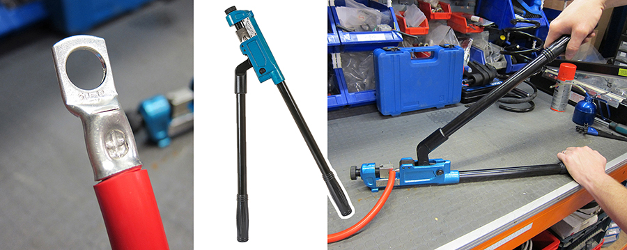 Crimp non-insulated tube terminals on automotive battery cables with ease.