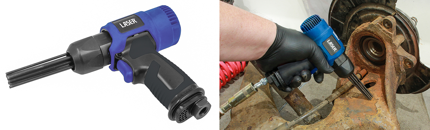 New from Laser Tools: pneumatic needle descaler — pistol-grip power for heavy rust & descaling