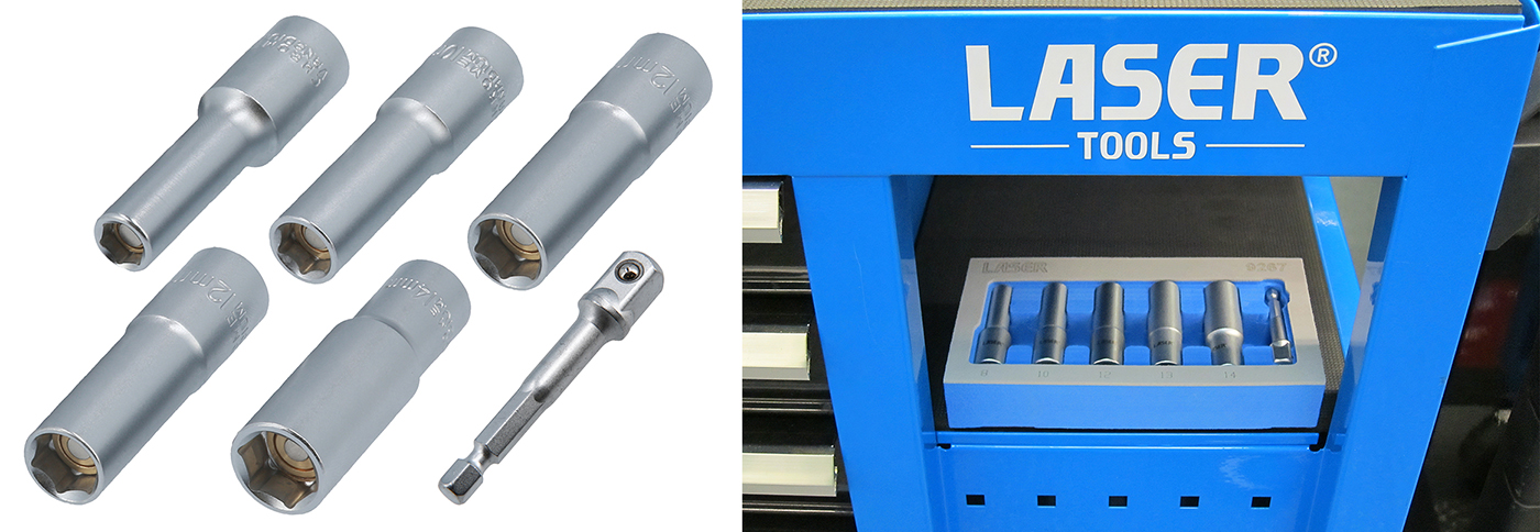 Magnetic deep-reach sockets with power bit adaptor from Laser Tools 