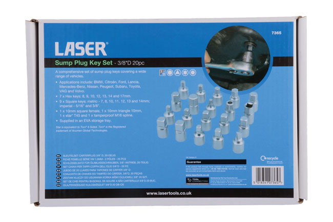 Laser Tools 7365 Sump Plug Key Set 3/8"D 20pc