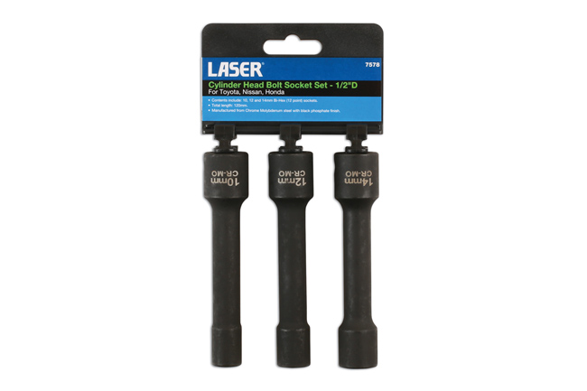 Laser Tools 7578 Cylinder Head Bolt Socket Set 1/2"D 3pc - for Toyota, Nissan 10,12, 14mm