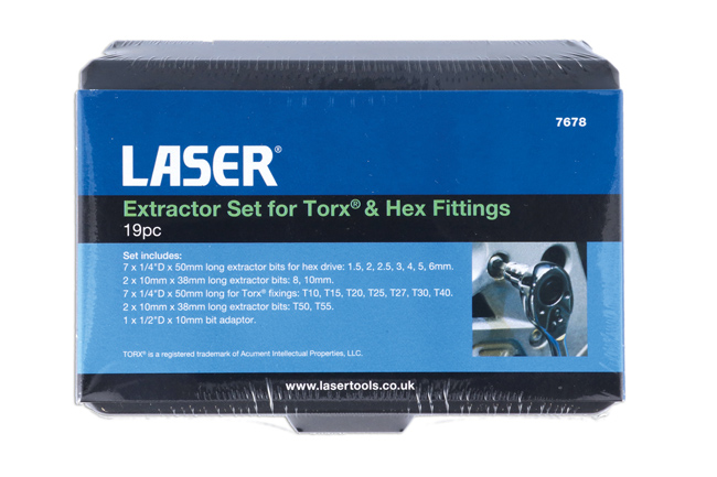 Laser Tools 7678 Extractor Set for Torx® Hex Fittings 19pc
