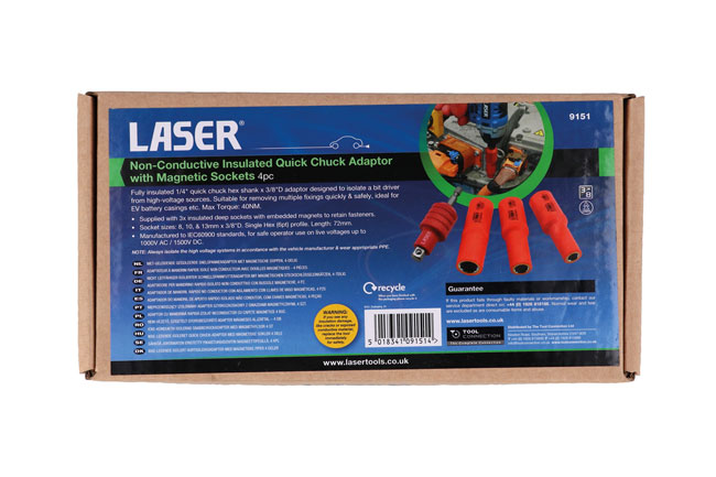 Laser Tools 9151 Non-Conductive Insulated Quick Chuck Adaptor with Magnetic Sockets 4pc
