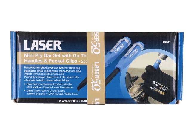 Laser Tools 9201 Mini Pry Bar Set with Go Thru Handles & Pocket Clips - 2pc - 50th Anniversary