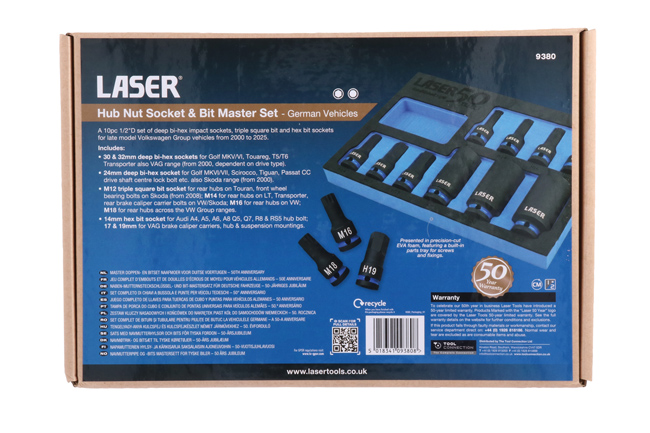 Laser Tools 9380 Hub Nut Socket & Bit Master Set for German Vehicles - 50th Anniversary